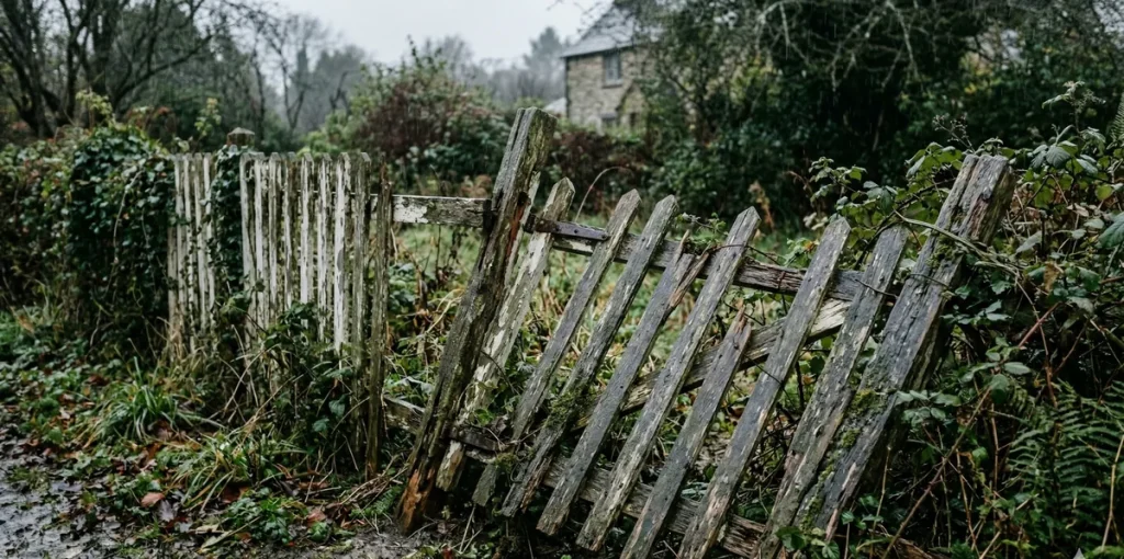 Alter verwitterter Holzzaun der gestrichen werden muss