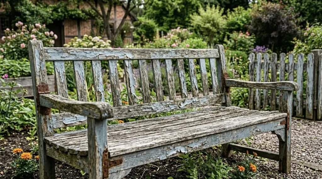 Verwitterte Holzbank die gestrichen werden muss