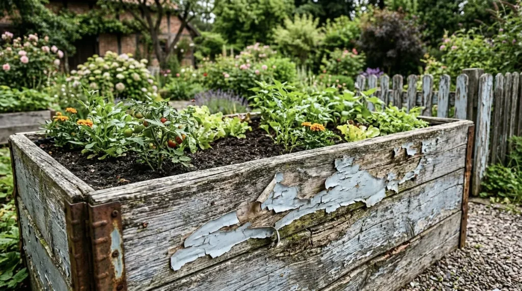 Verrottetes Holz-Hochbeet mit feuchtem Boden