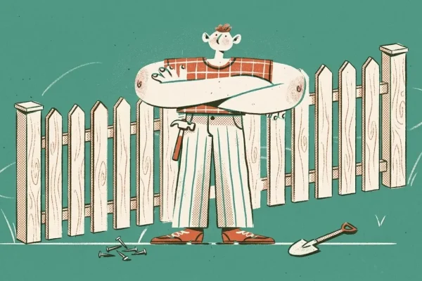 Illustration einer Person die einen hellen Holz-Gartenzaun mit Werkzeug und Schaufel aufstellt