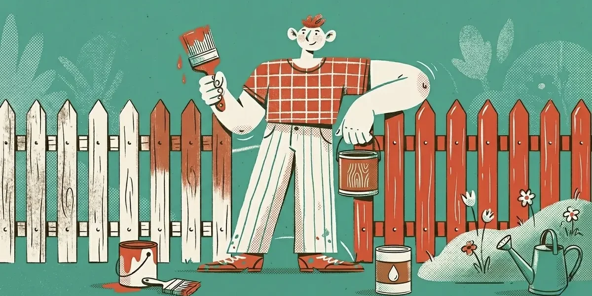 Illustration einer Person die einen Gartenzaun mit Farbe streicht und von weiss auf braun umgestaltet