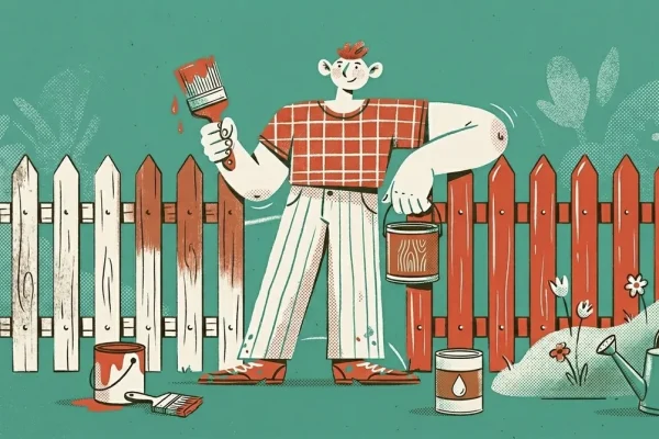 Illustration einer Person die einen Gartenzaun mit Farbe streicht und von weiss auf braun umgestaltet