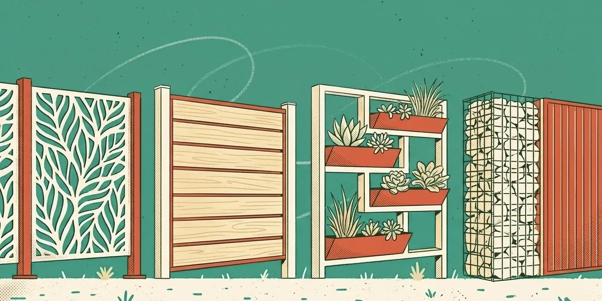 Illustration moderner Gartenzaun-Trends 2026 mit verschiedenen Zaunstilen wie Holzlatten, Gabionen und bepflanzten Zaunelementen