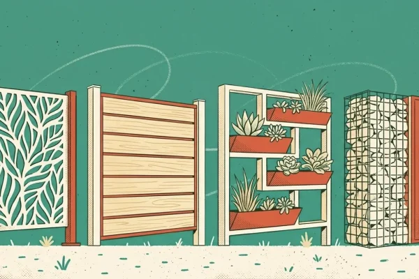 Illustration moderner Gartenzaun-Trends 2026 mit verschiedenen Zaunstilen wie Holzlatten, Gabionen und bepflanzten Zaunelementen