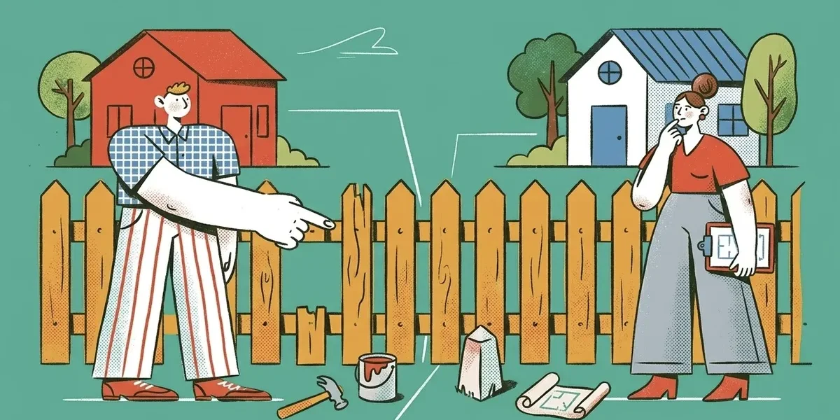 Illustration zweier Nachbarn die ueber einen Gartenzaun an der Grundstuecksgrenze diskutieren