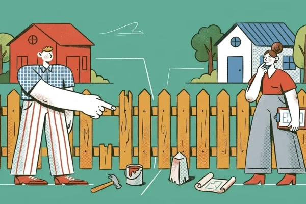 Illustration zweier Nachbarn die ueber einen Gartenzaun an der Grundstuecksgrenze diskutieren