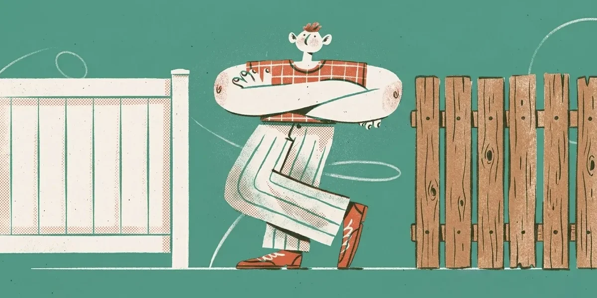 Illustration einer Person die zwischen einem weissen Kunststoffzaun und einem braunen Holzzaun vergleicht