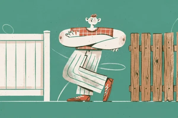 Illustration einer Person die zwischen einem weissen Kunststoffzaun und einem braunen Holzzaun vergleicht