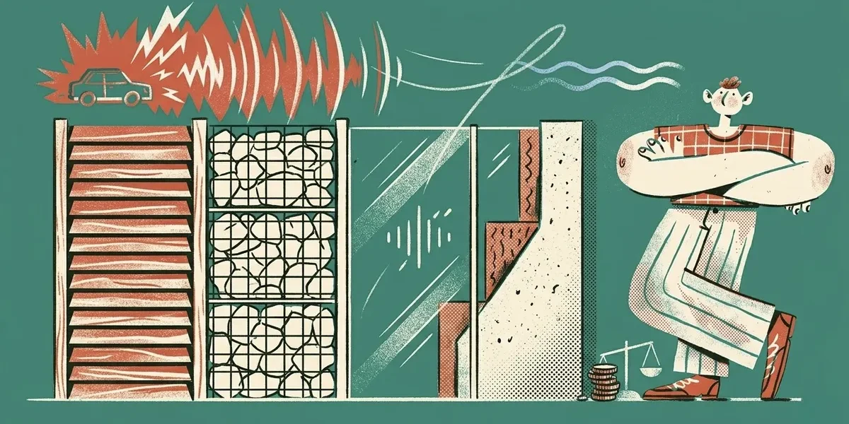 Illustration eines Laermschutzzauns mit verschiedenen Schallschutz-Zaunelementen die Laerm abhalten