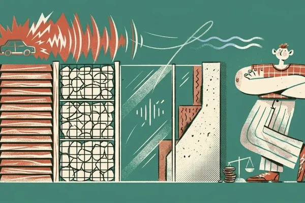 Illustration eines Laermschutzzauns mit verschiedenen Schallschutz-Zaunelementen die Laerm abhalten