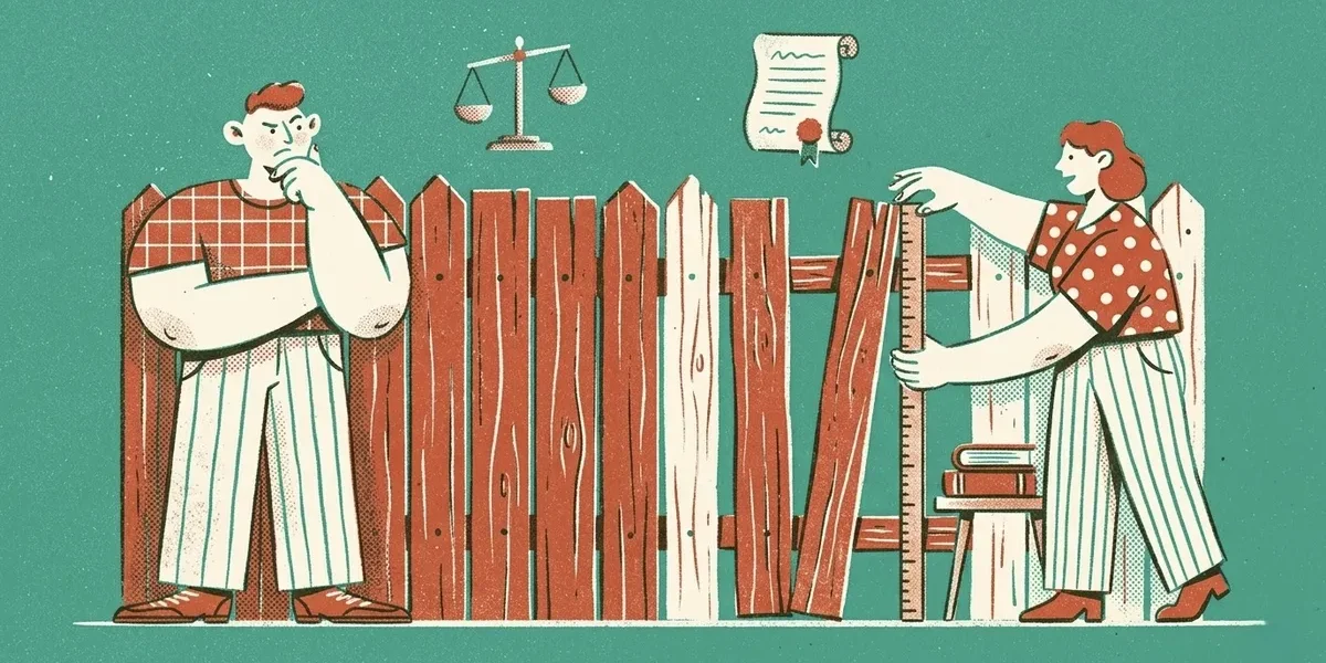 Illustration zweier Nachbarn am Gartenzaun mit Waage der Gerechtigkeit und Gesetzbuch als Symbole fuer Nachbarschaftsrecht
