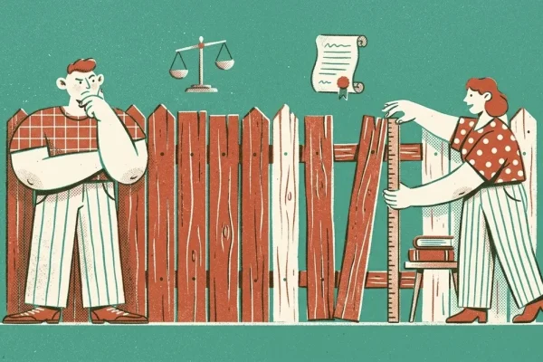 Illustration zweier Nachbarn am Gartenzaun mit Waage der Gerechtigkeit und Gesetzbuch als Symbole fuer Nachbarschaftsrecht