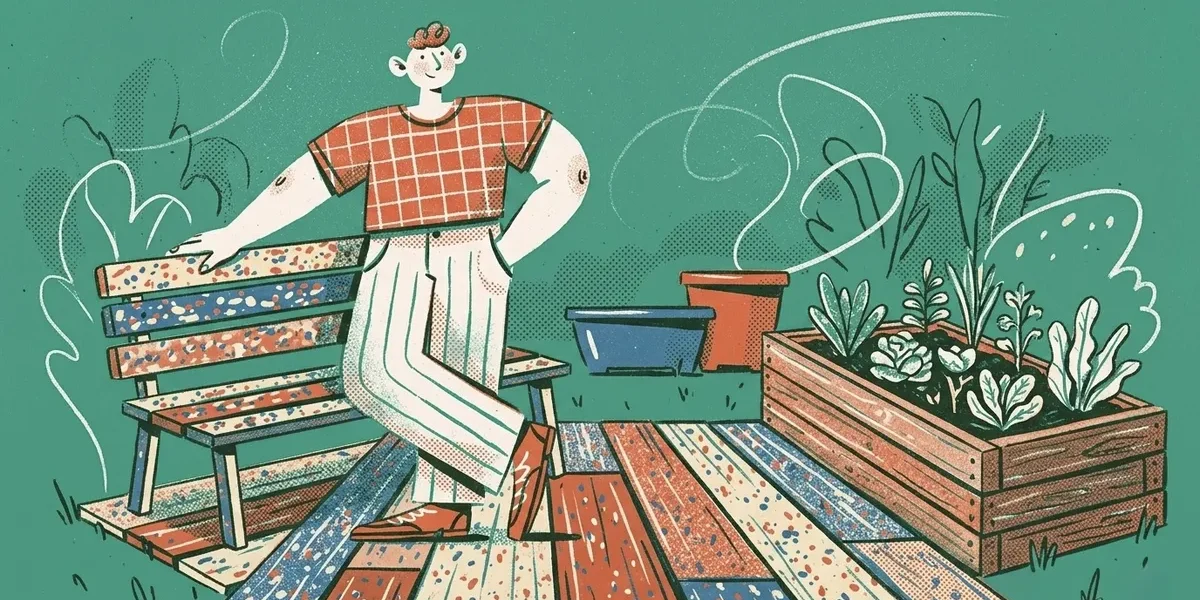 Illustration einer Person die Recycling-Kunststoff-Bretter und Pflanzkaesten im Garten verwendet