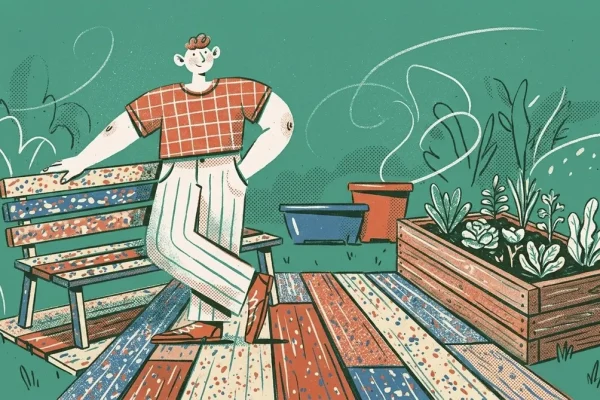 Illustration einer Person die Recycling-Kunststoff-Bretter und Pflanzkaesten im Garten verwendet