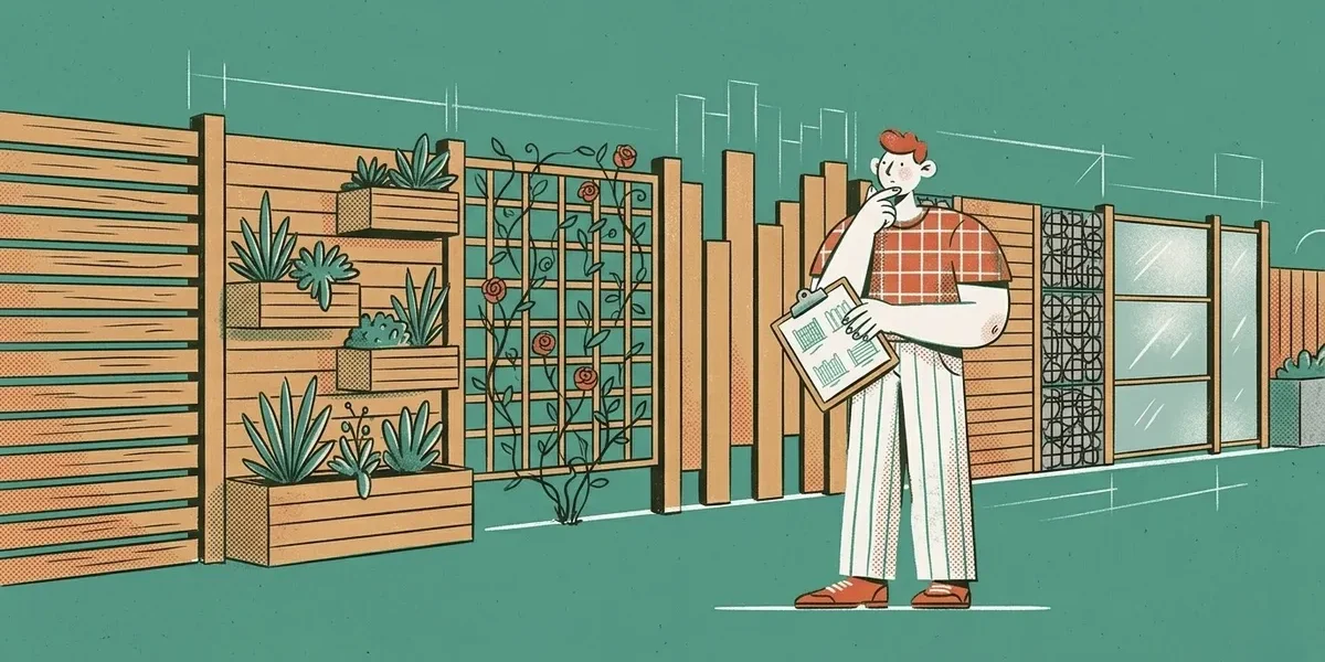 Illustration einer Person die verschiedene Sichtschutzzaun-Varianten aus Holz Rankgittern und Lamellen betrachtet