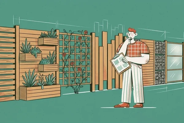 Illustration einer Person die verschiedene Sichtschutzzaun-Varianten aus Holz Rankgittern und Lamellen betrachtet
