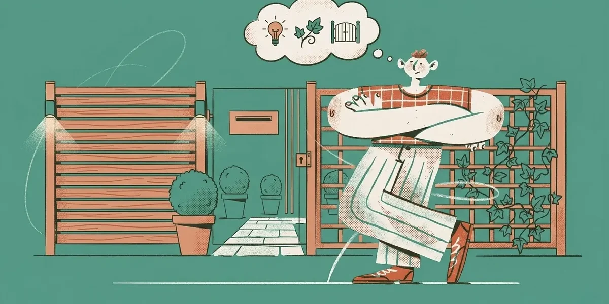 Illustration eines Hausbesitzers der kreative Vorgartenzaun-Ideen plant mit verschiedenen Zauntypen und Bepflanzung