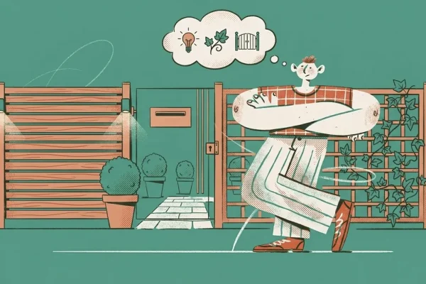 Illustration eines Hausbesitzers der kreative Vorgartenzaun-Ideen plant mit verschiedenen Zauntypen und Bepflanzung