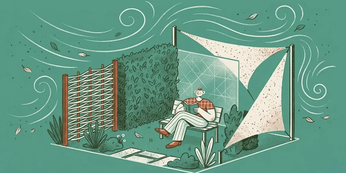 Illustration einer Person die hinter einem Windschutz aus Zaun Hecke und Segel im Garten entspannt