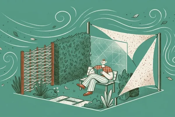 Illustration einer Person die hinter einem Windschutz aus Zaun Hecke und Segel im Garten entspannt
