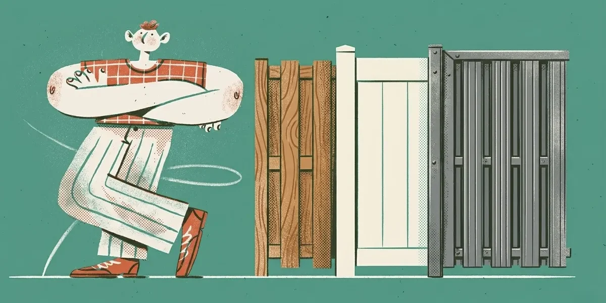 Illustration eines Zaunvergleichs zwischen Holz WPC Kunststoff und Aluminium mit verschiedenen Zaunlatten nebeneinander