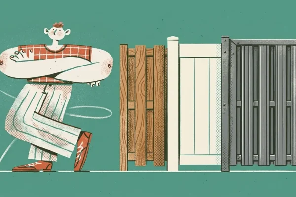 Illustration eines Zaunvergleichs zwischen Holz WPC Kunststoff und Aluminium mit verschiedenen Zaunlatten nebeneinander