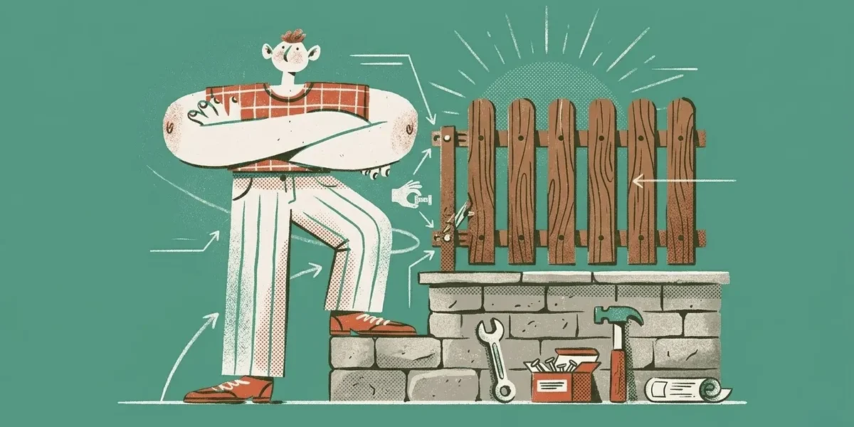 Illustration einer Person die einen Holzzaun auf einer Steinmauer montiert mit Werkzeug und Bauanleitung