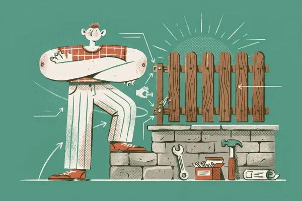 Illustration einer Person die einen Holzzaun auf einer Steinmauer montiert mit Werkzeug und Bauanleitung