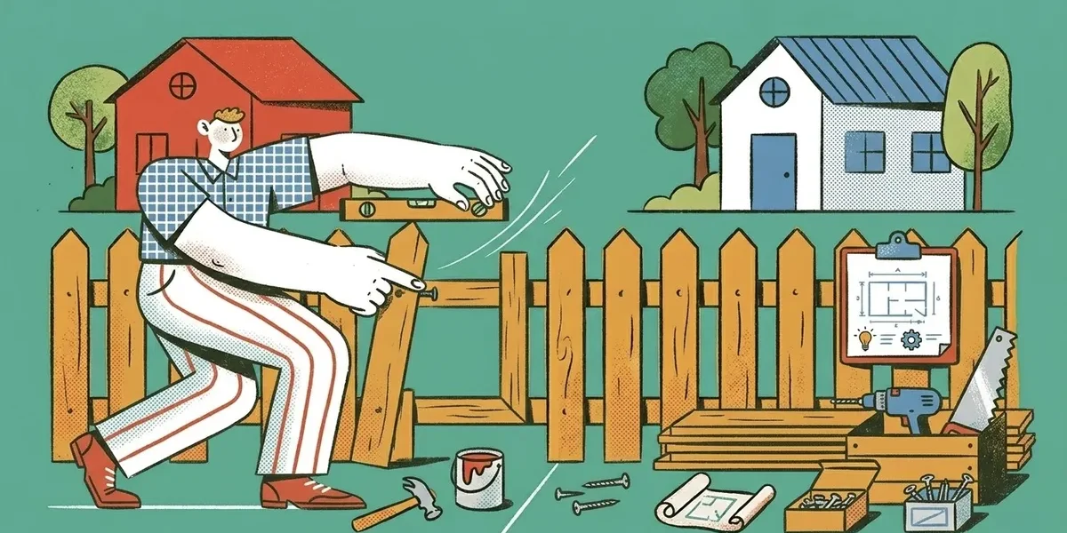 Illustration einer Person die einen Gartenzaun selber baut mit Werkzeug Holzlatten und Bauplan