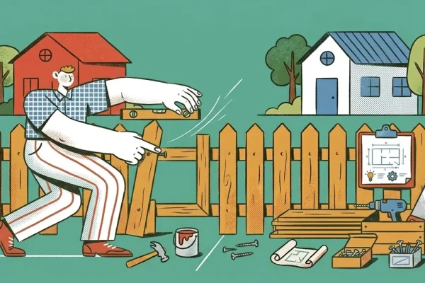 Illustration einer Person die einen Gartenzaun selber baut mit Werkzeug Holzlatten und Bauplan