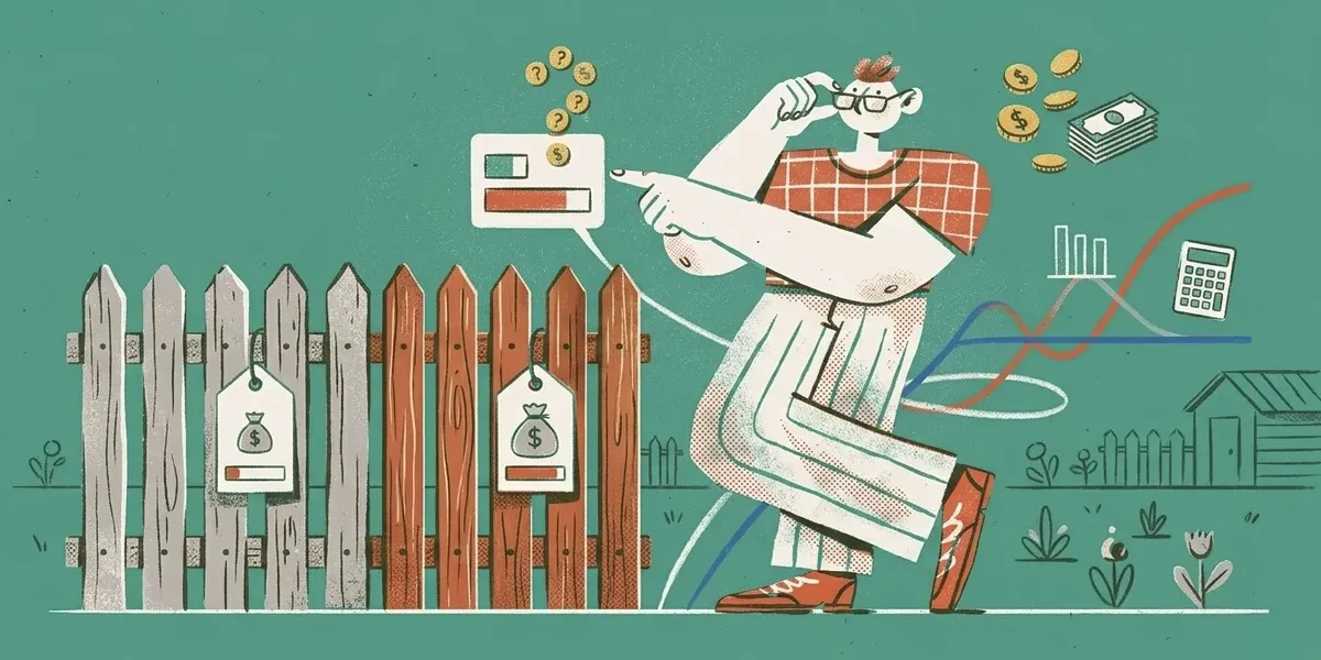 Illustration einer Person die Zaunlatten-Kosten vergleicht mit Preisschildern Taschenrechner und verschiedenen Zaunmaterialien