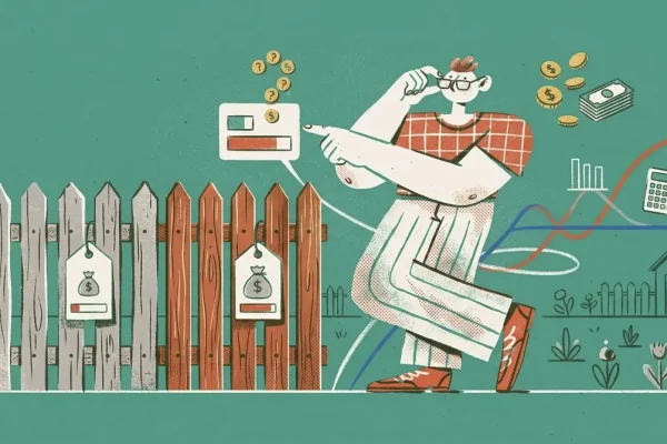 Illustration einer Person die Zaunlatten-Kosten vergleicht mit Preisschildern Taschenrechner und verschiedenen Zaunmaterialien